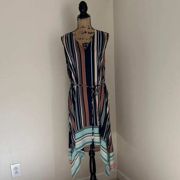 Vince Camuto Asymmetrical Striped Dress - Navy, White, Pink - Picture 1 of 8